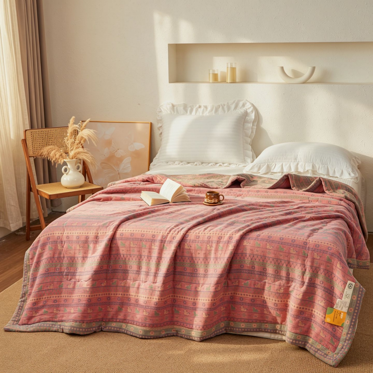 91家纺网 家纺一手货源 找家纺 睡棉坊 2026新款全棉色织提花双层纱夏被全棉夏凉被里外全棉天然棉花被 吉祥小马-粉