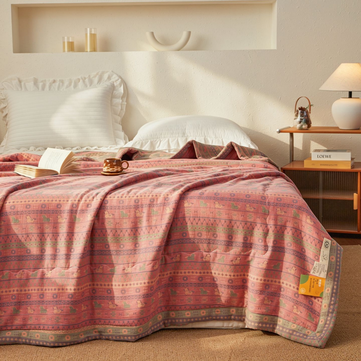 91家纺网 家纺一手货源 找家纺 睡棉坊 2026新款全棉色织提花双层纱夏被全棉夏凉被里外全棉天然棉花被 吉祥小马-粉