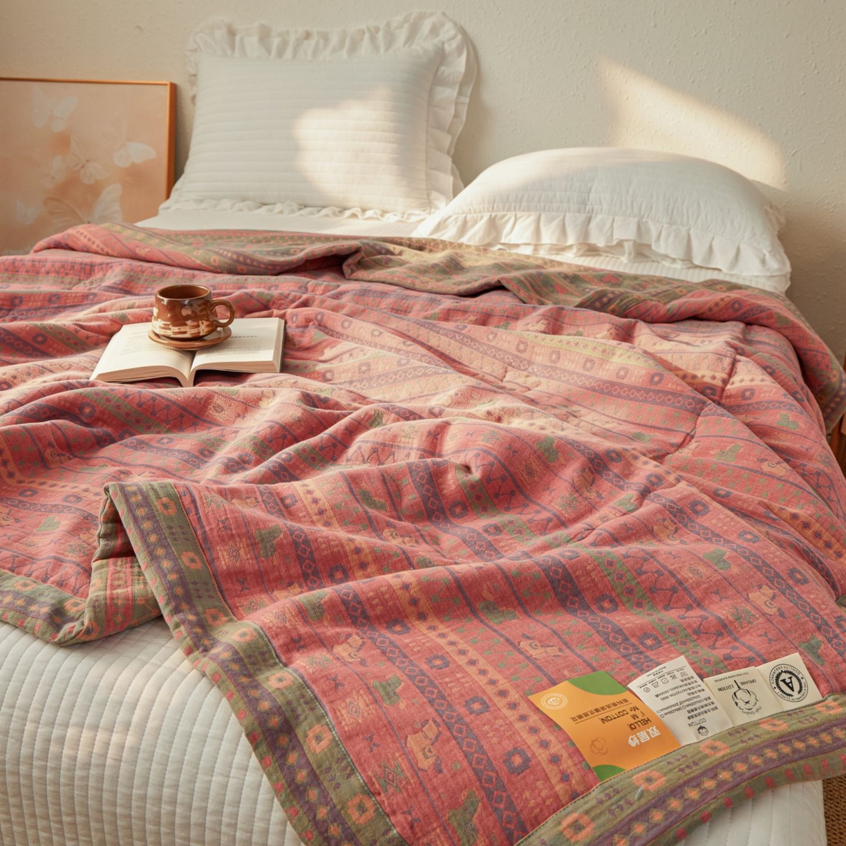 91家纺网 家纺一手货源 找家纺 睡棉坊 2026新款全棉色织提花双层纱夏被全棉夏凉被里外全棉天然棉花被 吉祥小马-粉