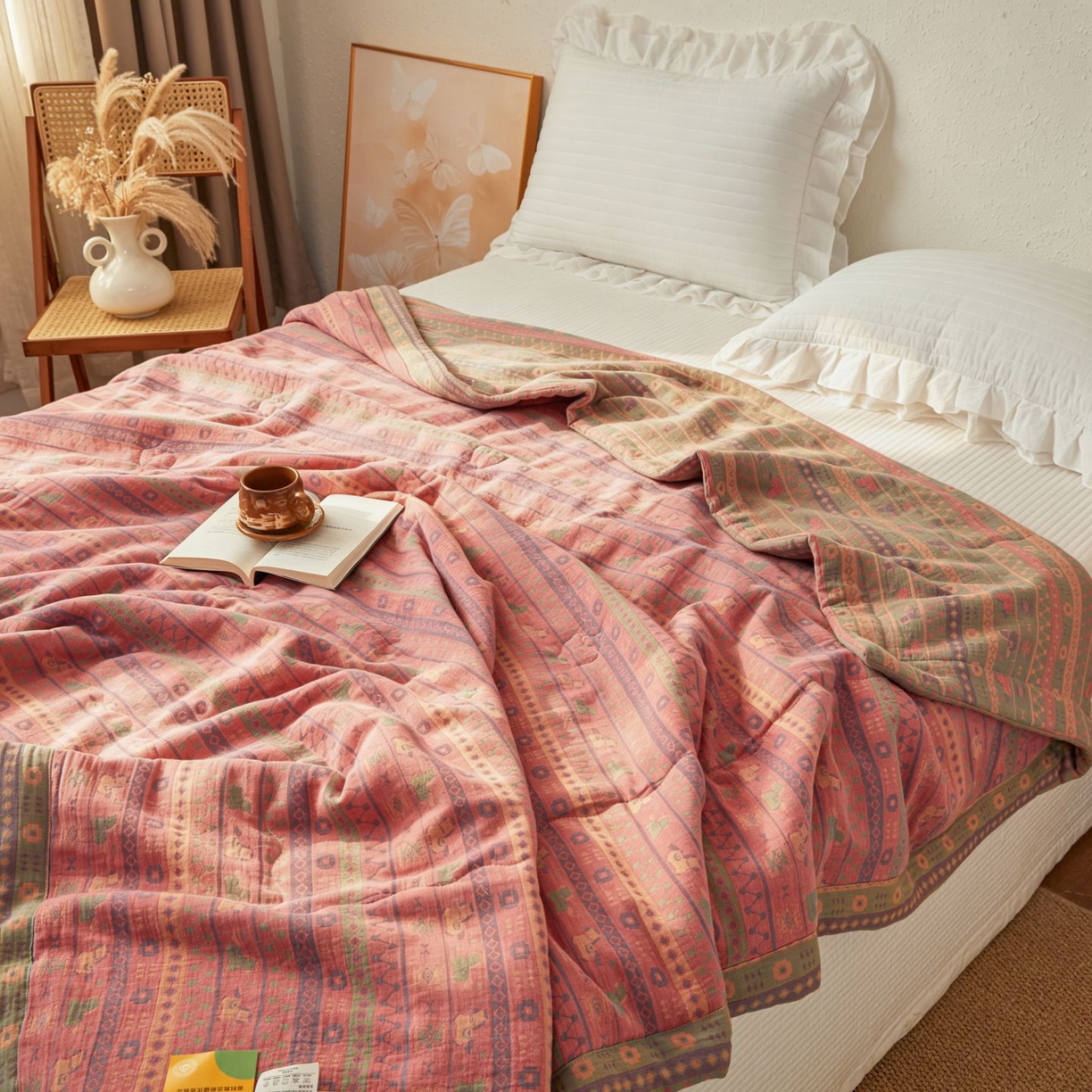 91家纺网 家纺一手货源 找家纺 睡棉坊 2026新款全棉色织提花双层纱夏被全棉夏凉被里外全棉天然棉花被 吉祥小马-粉