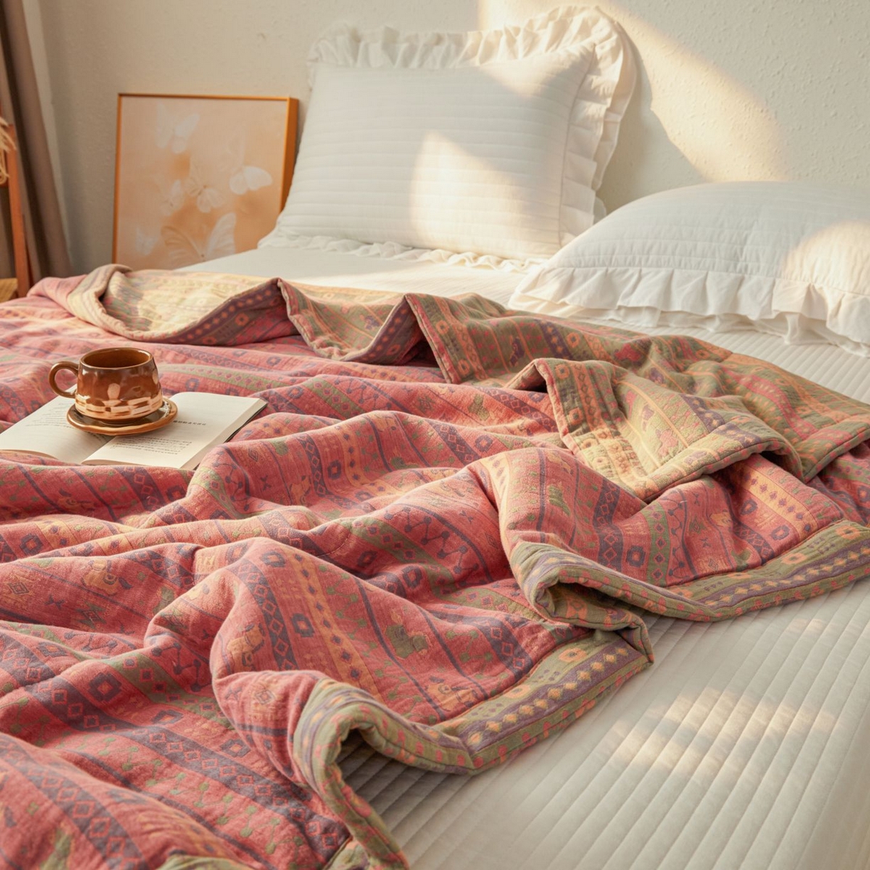 91家纺网 家纺一手货源 找家纺 睡棉坊 2026新款全棉色织提花双层纱夏被全棉夏凉被里外全棉天然棉花被 吉祥小马-粉