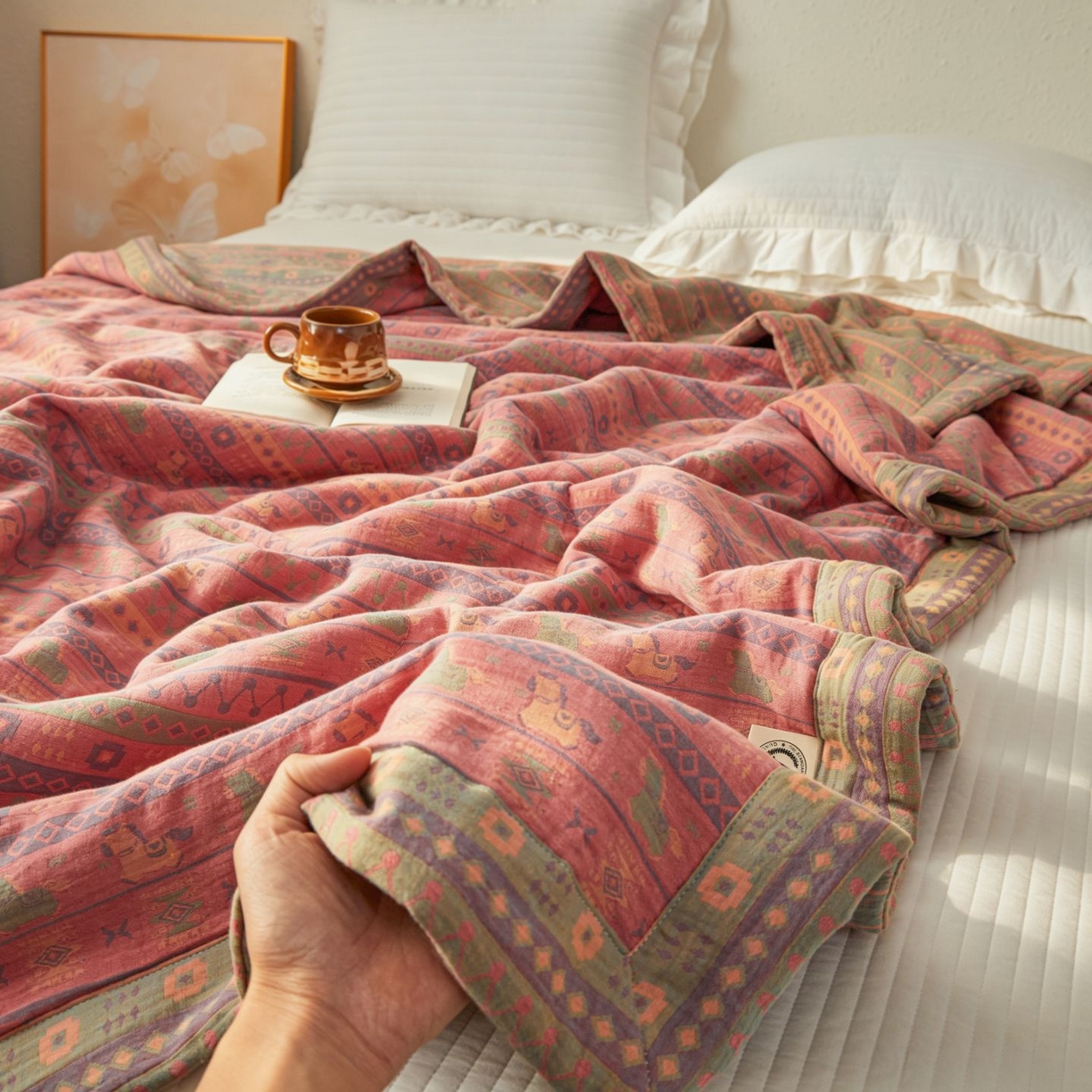 91家纺网 家纺一手货源 找家纺 睡棉坊 2026新款全棉色织提花双层纱夏被全棉夏凉被里外全棉天然棉花被 吉祥小马-粉