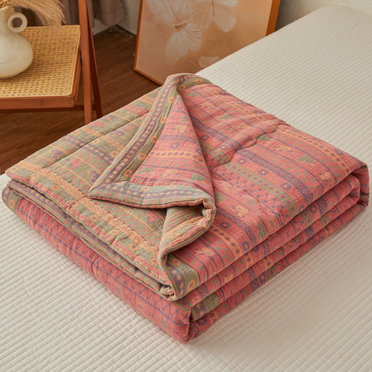 91家纺网 家纺一手货源 找家纺 睡棉坊 2026新款全棉色织提花双层纱夏被全棉夏凉被里外全棉天然棉花被 吉祥小马-粉