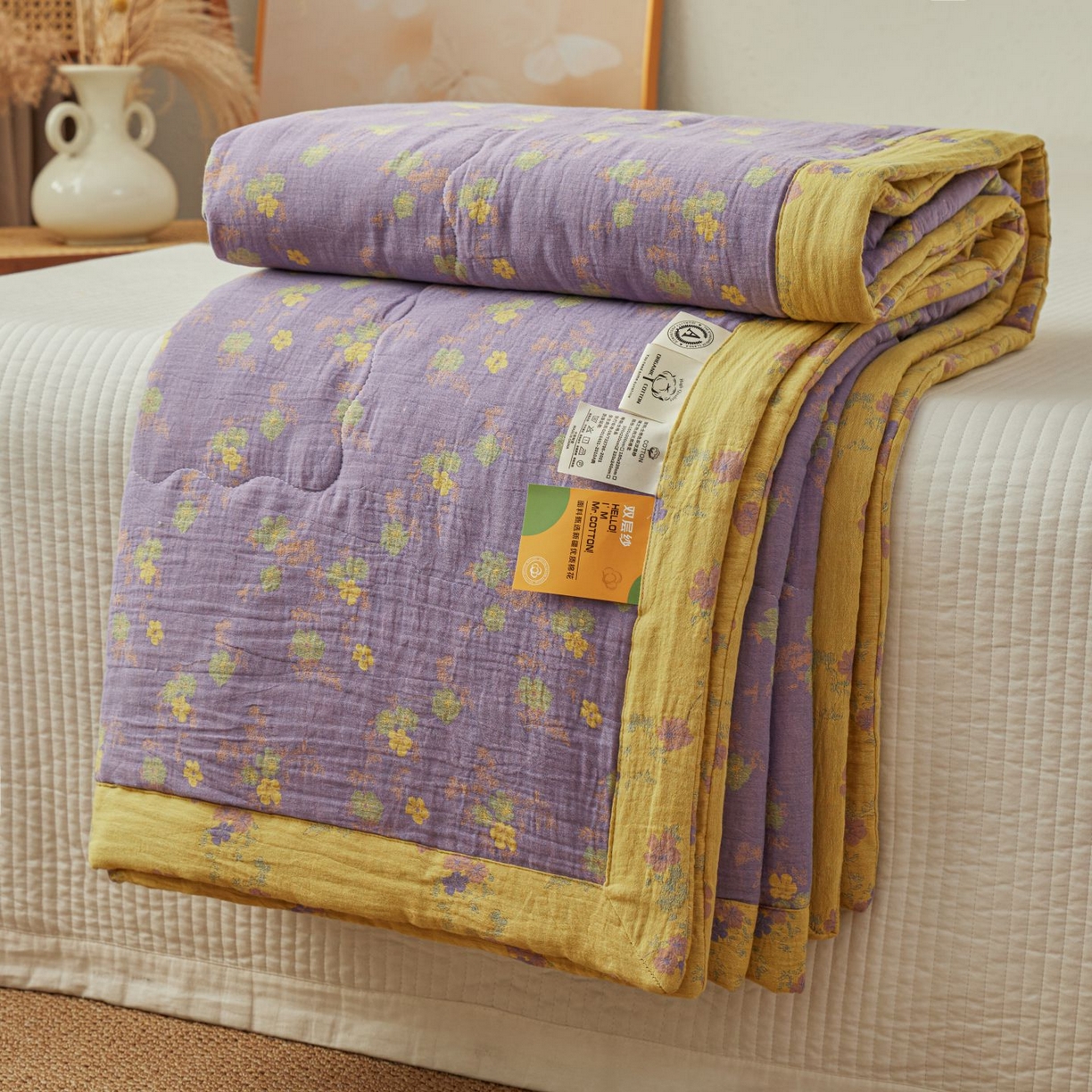 睡棉坊 2026新款全棉色织提花双层纱夏被全棉夏凉被里外全棉天然棉花被 金语谣-紫黄