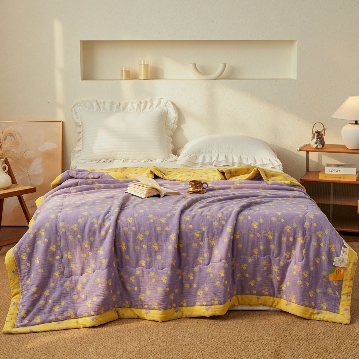 91家纺网 家纺一手货源 找家纺 睡棉坊 2026新款全棉色织提花双层纱夏被全棉夏凉被里外全棉天然棉花被 金语谣-紫黄