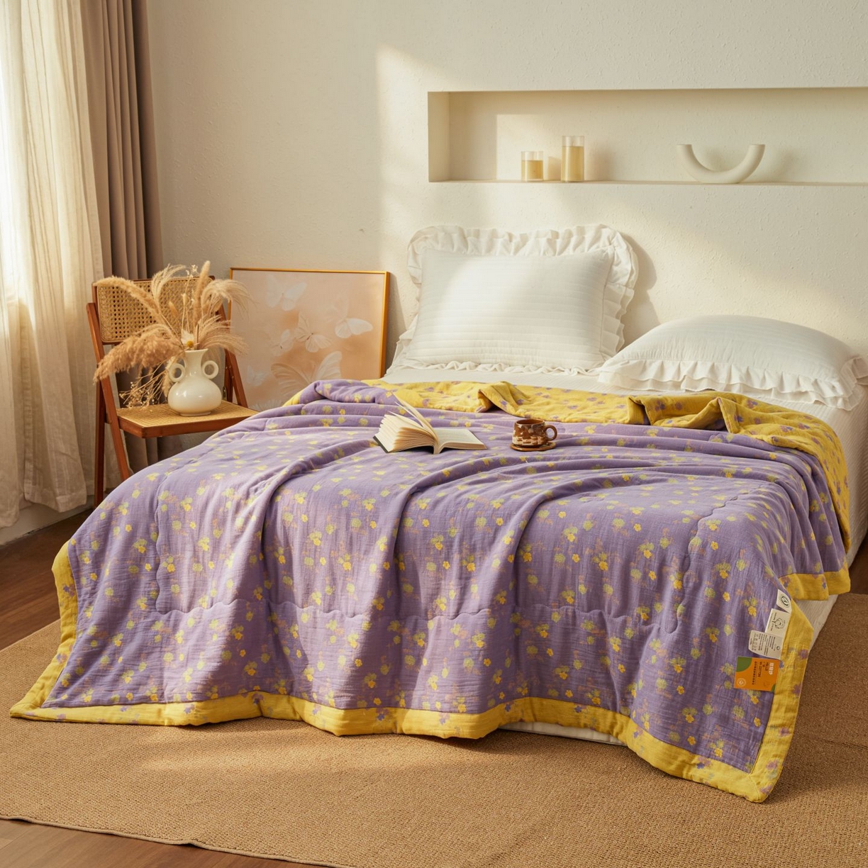 91家纺网 家纺一手货源 找家纺 睡棉坊 2026新款全棉色织提花双层纱夏被全棉夏凉被里外全棉天然棉花被 金语谣-紫黄