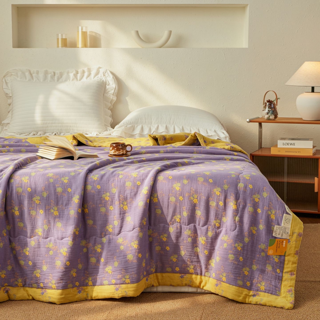 91家纺网 家纺一手货源 找家纺 睡棉坊 2026新款全棉色织提花双层纱夏被全棉夏凉被里外全棉天然棉花被 金语谣-紫黄