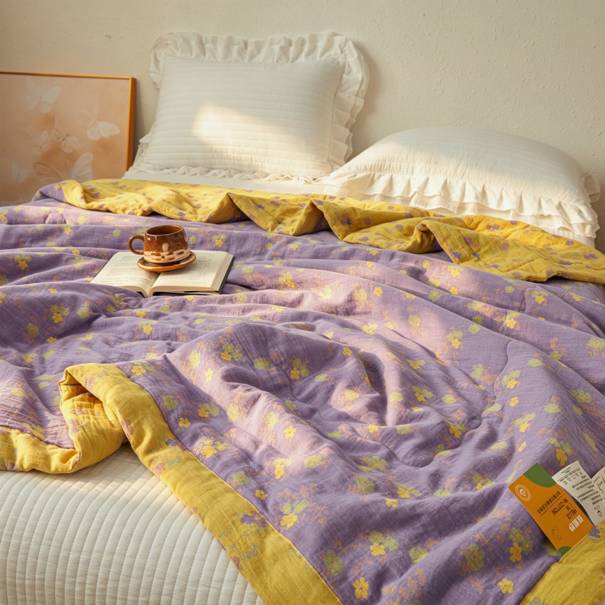 91家纺网 家纺一手货源 找家纺 睡棉坊 2026新款全棉色织提花双层纱夏被全棉夏凉被里外全棉天然棉花被 金语谣-紫黄