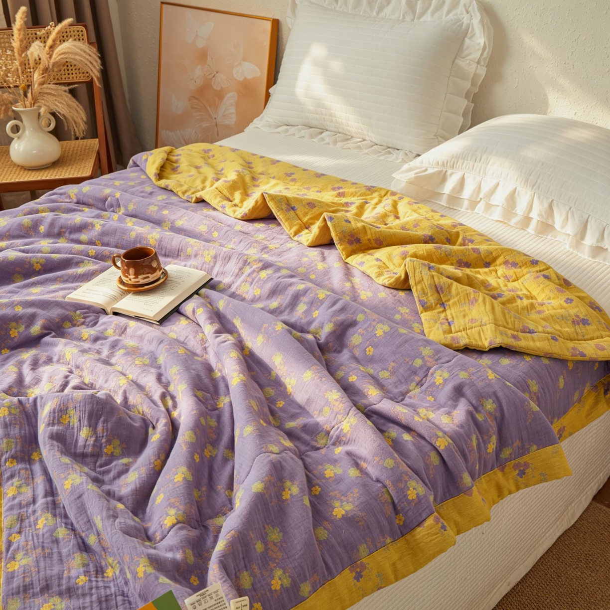 91家纺网 家纺一手货源 找家纺 睡棉坊 2026新款全棉色织提花双层纱夏被全棉夏凉被里外全棉天然棉花被 金语谣-紫黄