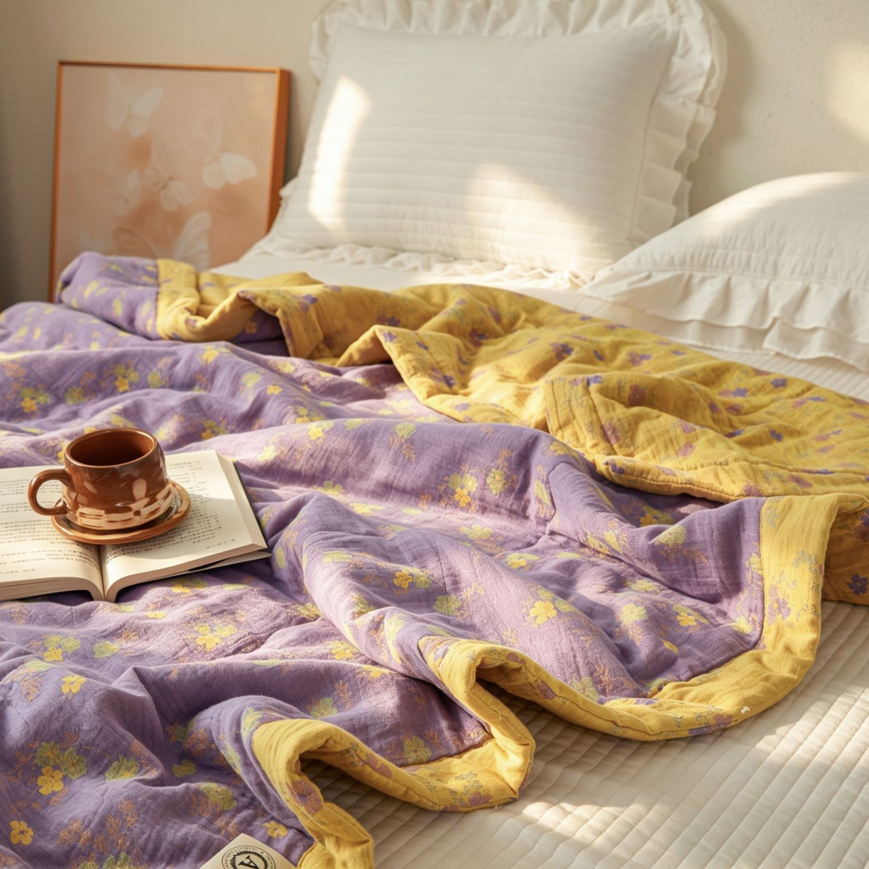 91家纺网 家纺一手货源 找家纺 睡棉坊 2026新款全棉色织提花双层纱夏被全棉夏凉被里外全棉天然棉花被 金语谣-紫黄