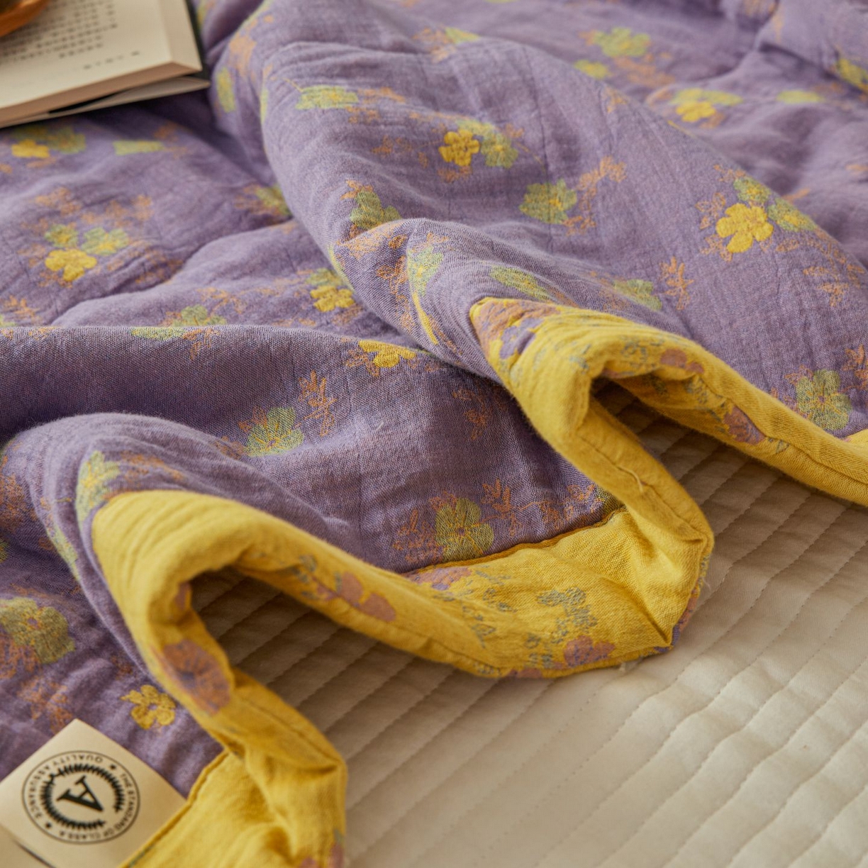 91家纺网 家纺一手货源 找家纺 睡棉坊 2026新款全棉色织提花双层纱夏被全棉夏凉被里外全棉天然棉花被 金语谣-紫黄