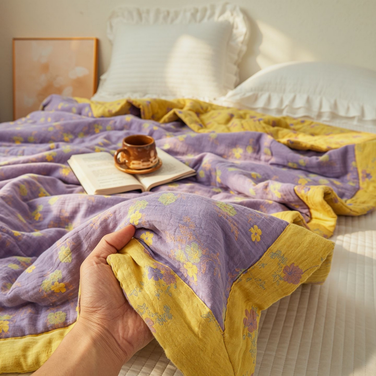 91家纺网 家纺一手货源 找家纺 睡棉坊 2026新款全棉色织提花双层纱夏被全棉夏凉被里外全棉天然棉花被 金语谣-紫黄