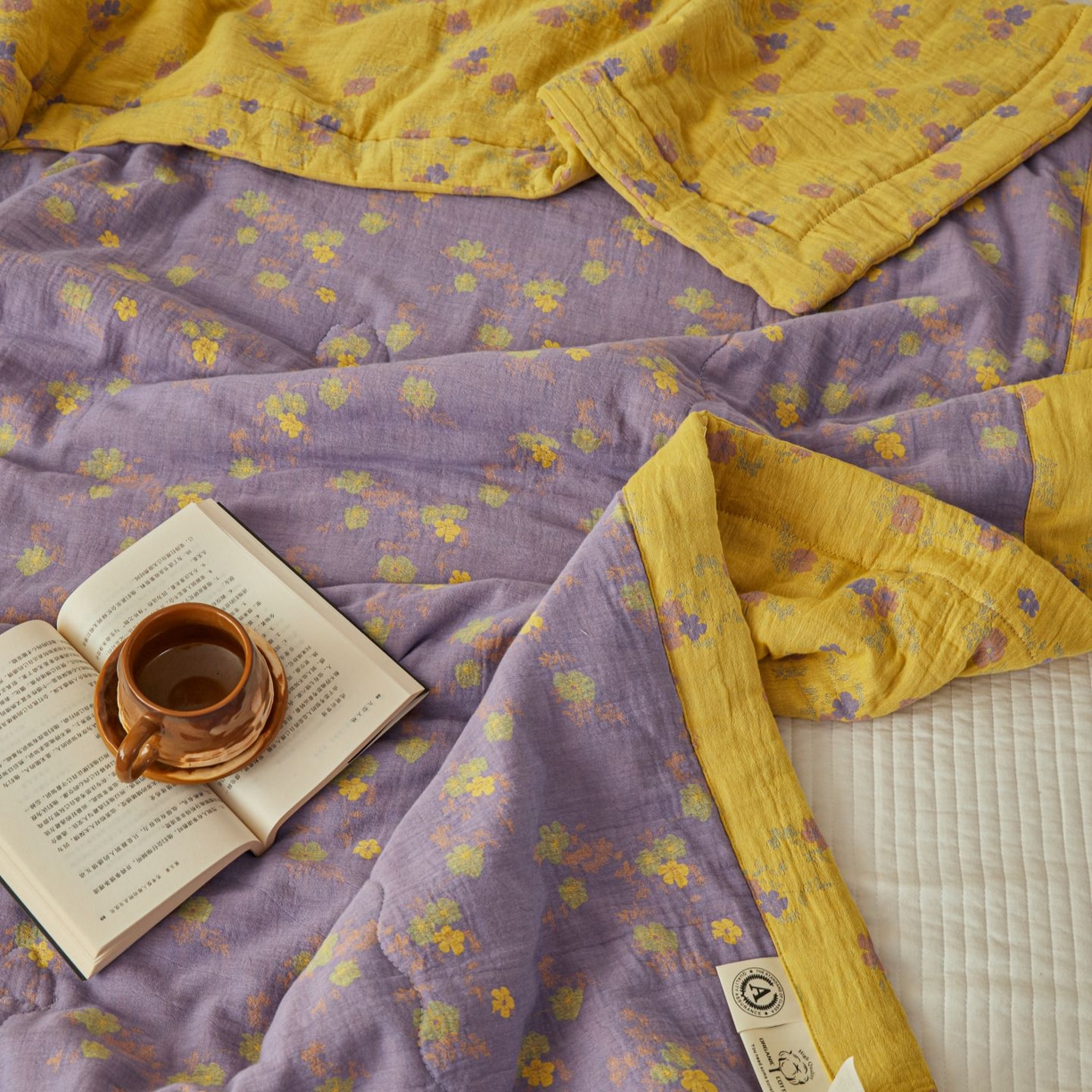 91家纺网 家纺一手货源 找家纺 睡棉坊 2026新款全棉色织提花双层纱夏被全棉夏凉被里外全棉天然棉花被 金语谣-紫黄