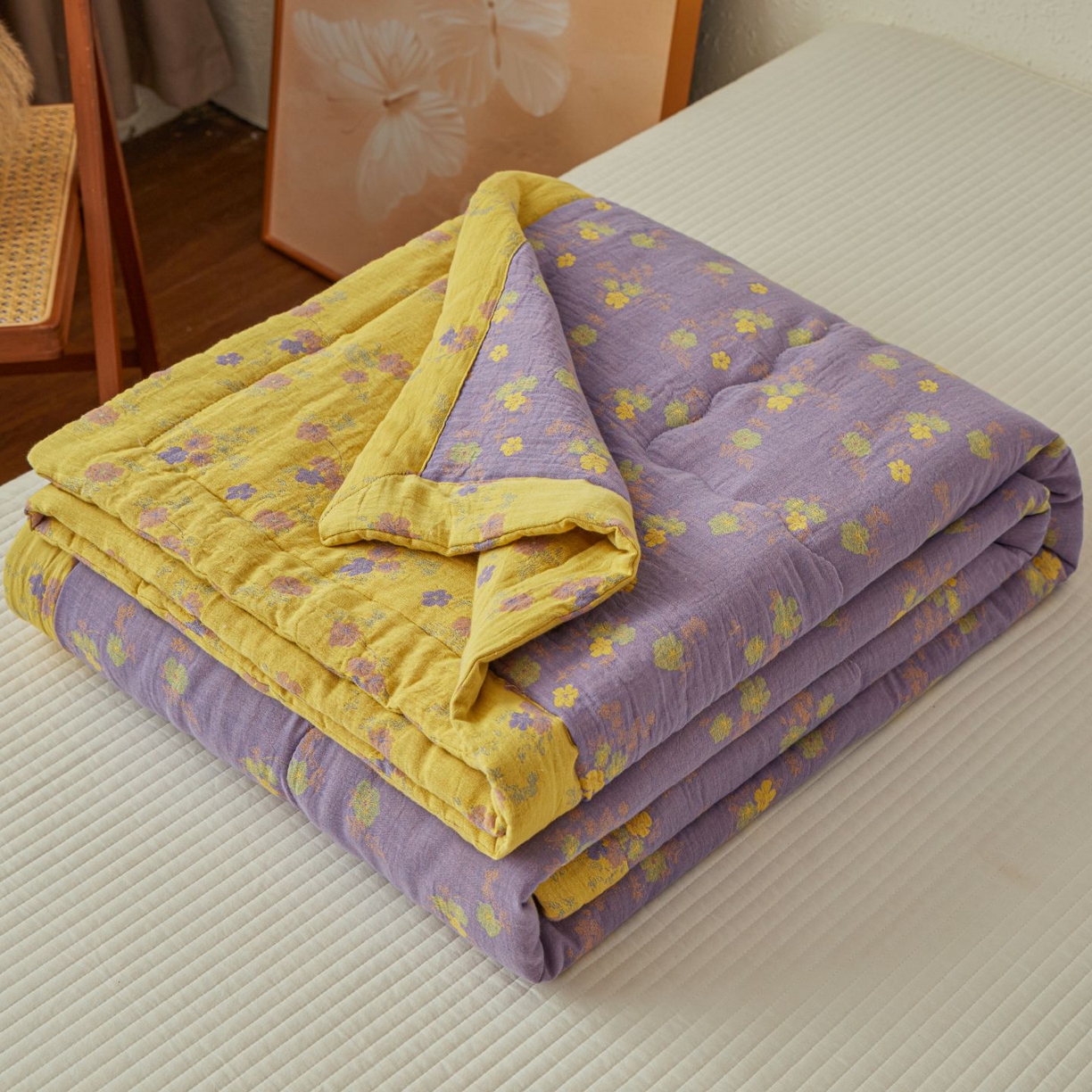 91家纺网 家纺一手货源 找家纺 睡棉坊 2026新款全棉色织提花双层纱夏被全棉夏凉被里外全棉天然棉花被 金语谣-紫黄