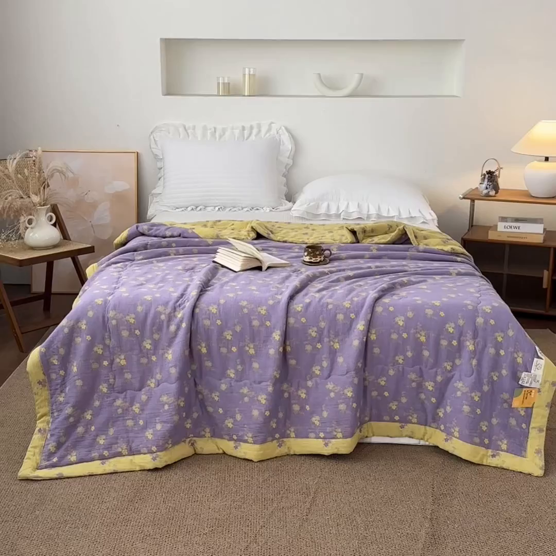91家纺网 家纺一手货源 找家纺 睡棉坊 2026新款全棉色织提花双层纱夏被全棉夏凉被里外全棉天然棉花被 金语谣-紫黄