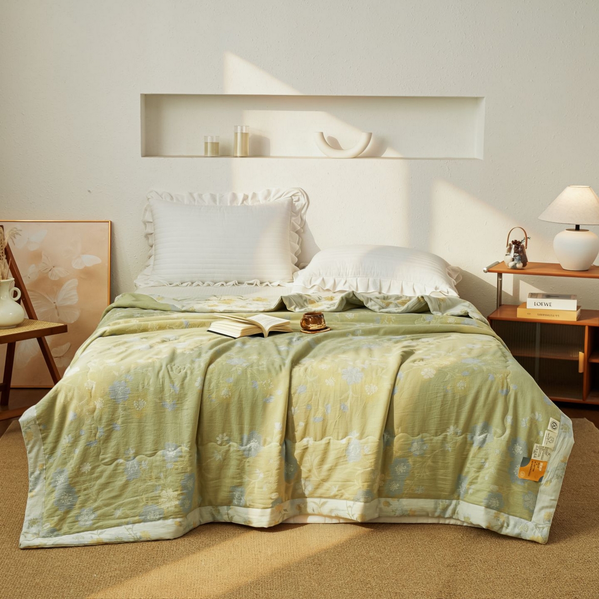 91家纺网 家纺一手货源 找家纺 睡棉坊 2026新款全棉色织提花双层纱夏被全棉夏凉被里外全棉天然棉花被 锦上添花-提夫尼蓝