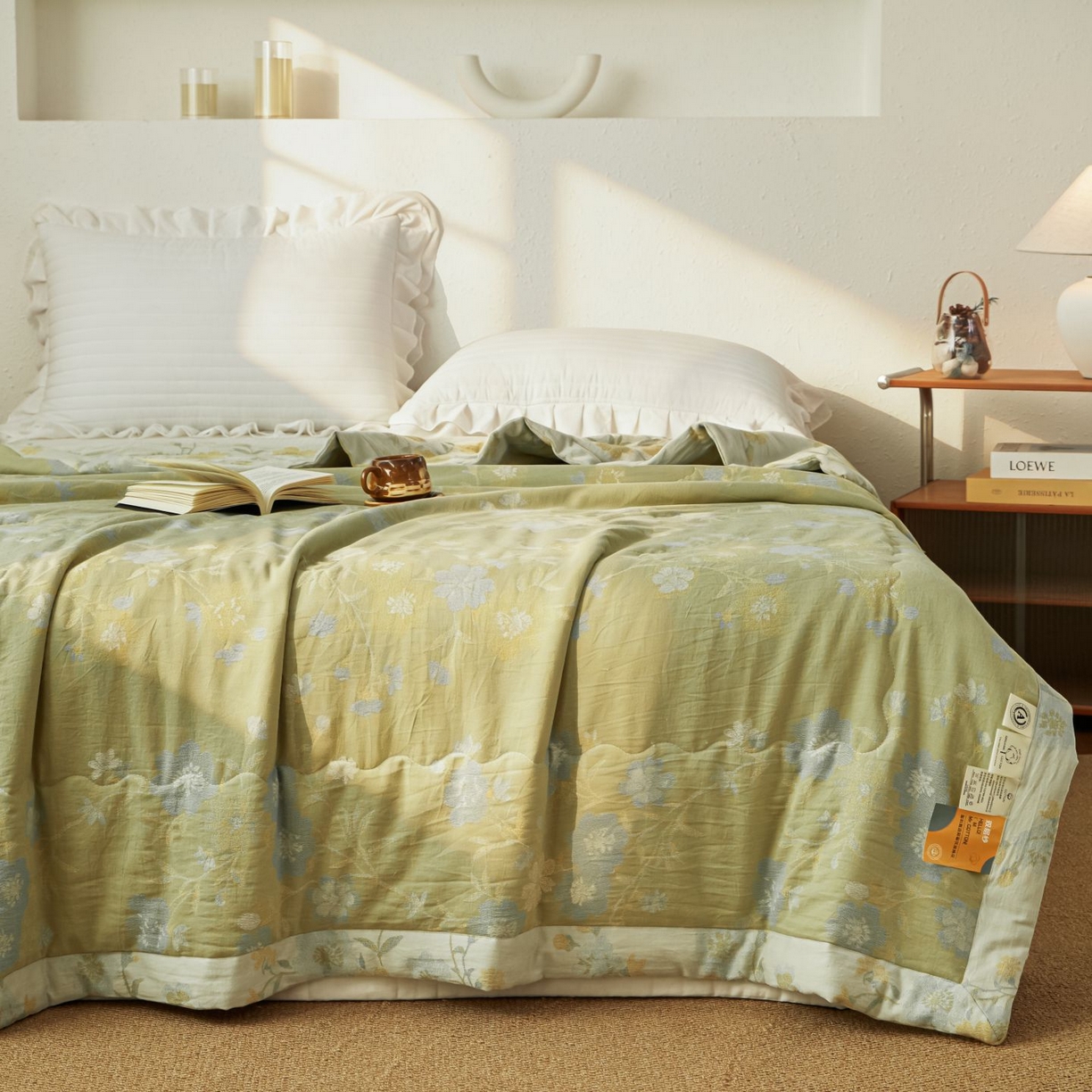 91家纺网 家纺一手货源 找家纺 睡棉坊 2026新款全棉色织提花双层纱夏被全棉夏凉被里外全棉天然棉花被 锦上添花-提夫尼蓝