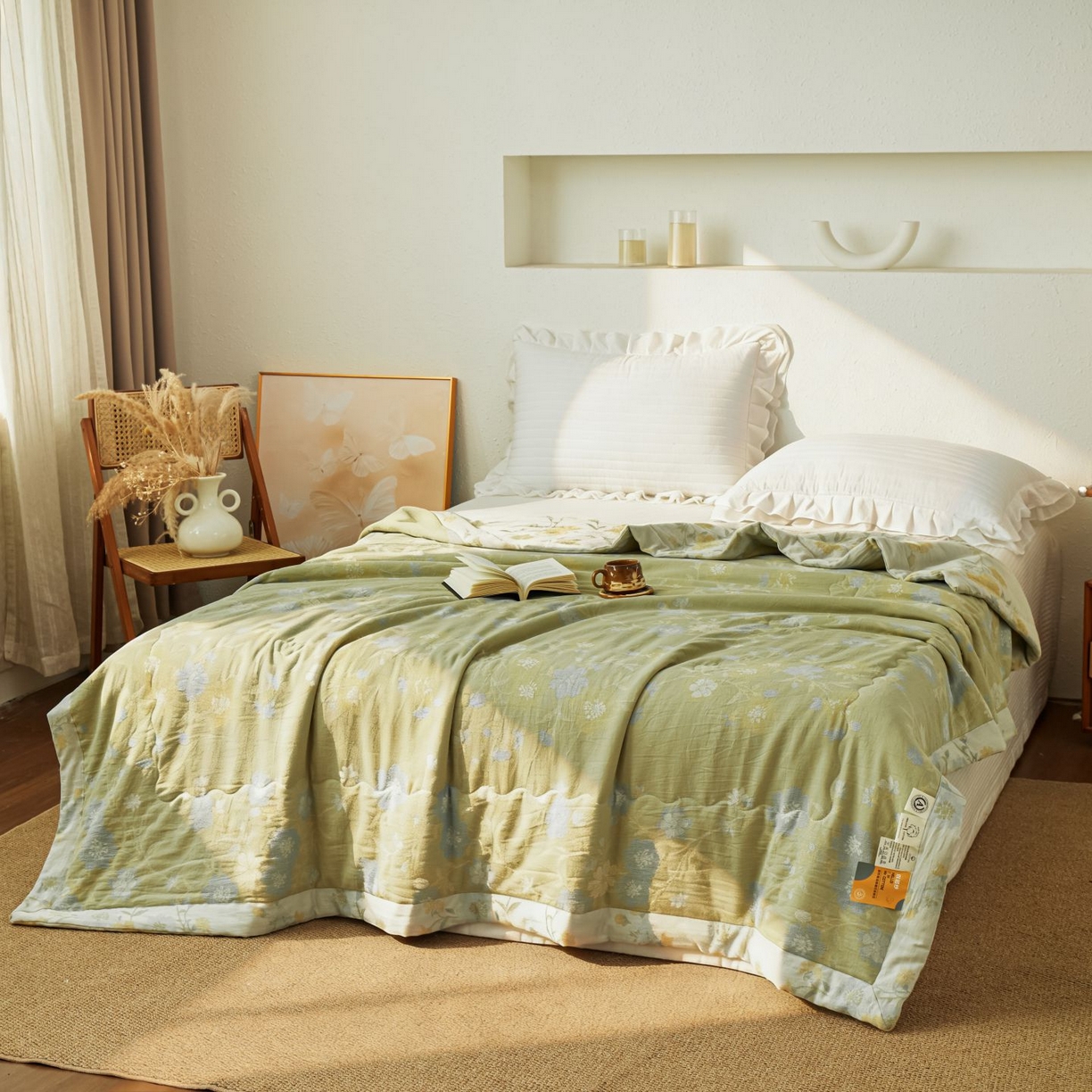 91家纺网 家纺一手货源 找家纺 睡棉坊 2026新款全棉色织提花双层纱夏被全棉夏凉被里外全棉天然棉花被 锦上添花-提夫尼蓝