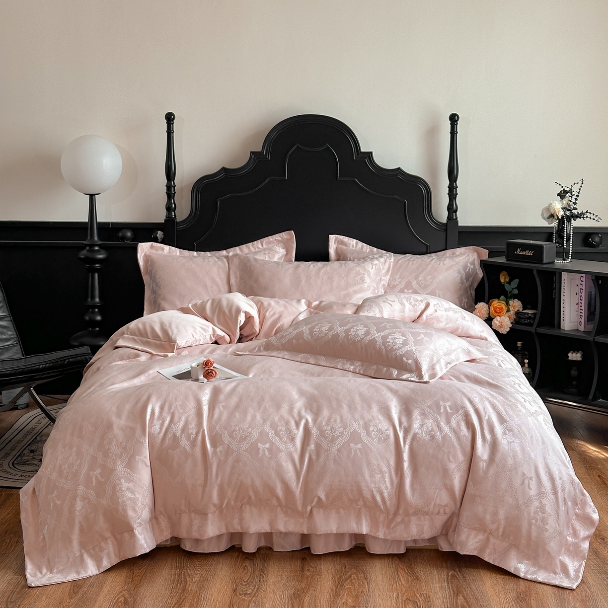 91家纺网 家纺一手货源 找家纺 提花大世界 2026新款简奢被套款水洗真丝天丝提花丝滑床单床盖四件套 巴黎邂逅-胭脂玉