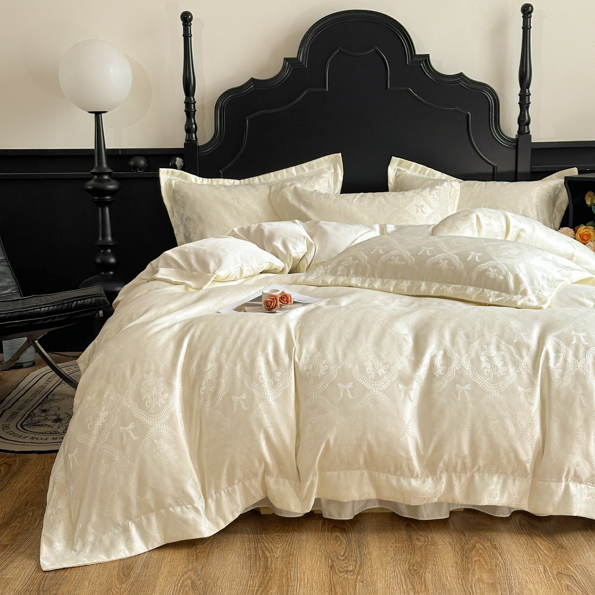 91家纺网 家纺一手货源 找家纺 提花大世界 2026新款简奢被套款水洗真丝天丝提花丝滑床单床盖四件套 巴黎邂逅-玉瓷白