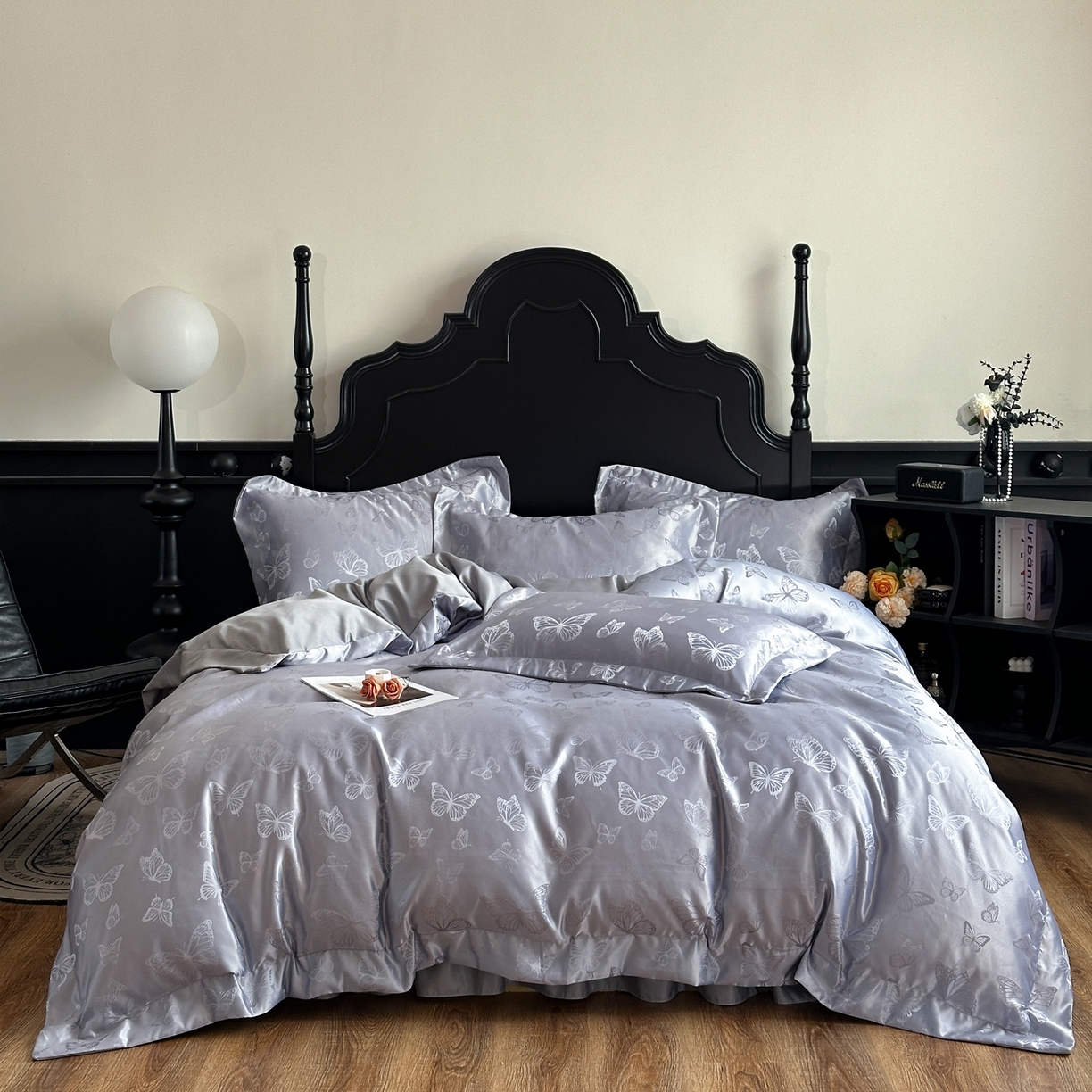 91家纺网 家纺一手货源 找家纺 提花大世界 2026新款简奢被套款水洗真丝天丝提花丝滑床单床盖四件套 谍影流光-大象灰