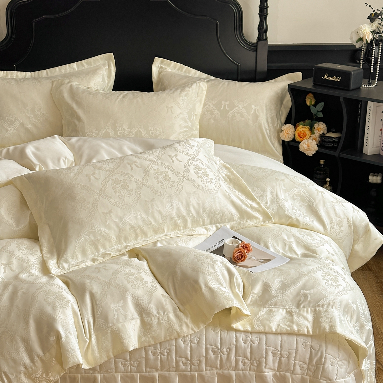 提花大世界 2026新款简奢被套款水洗真丝天丝提花丝滑床单床盖四件套 巴黎邂逅-玉瓷白