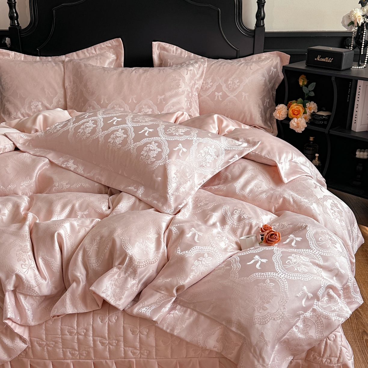 91家纺网 家纺一手货源 找家纺 提花大世界 2026新款简奢被套款水洗真丝天丝提花丝滑床单床盖四件套 巴黎邂逅-胭脂玉