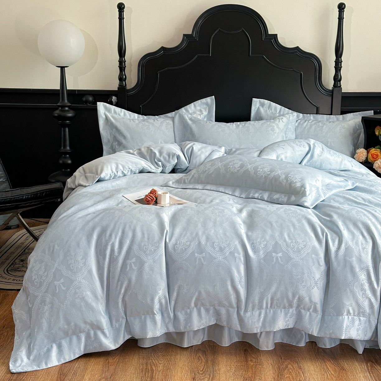 91家纺网 家纺一手货源 找家纺 提花大世界 2026新款简奢被套款水洗真丝天丝提花丝滑床单床盖四件套 巴黎邂逅-海盐蓝