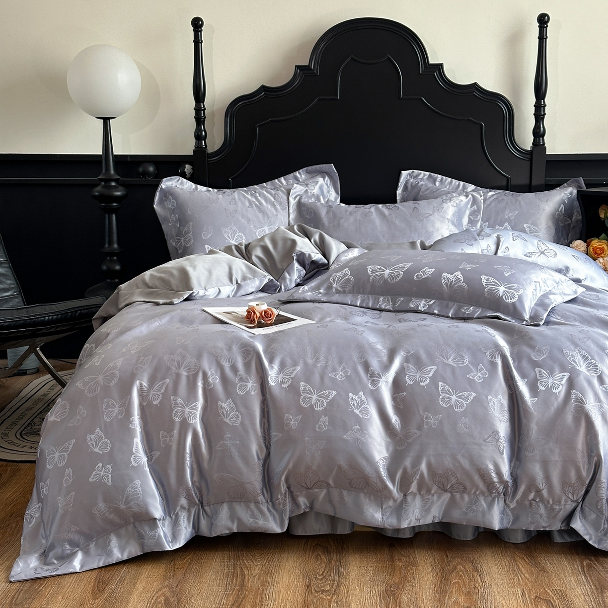 91家纺网 家纺一手货源 找家纺 提花大世界 2026新款简奢被套款水洗真丝天丝提花丝滑床单床盖四件套 谍影流光-大象灰