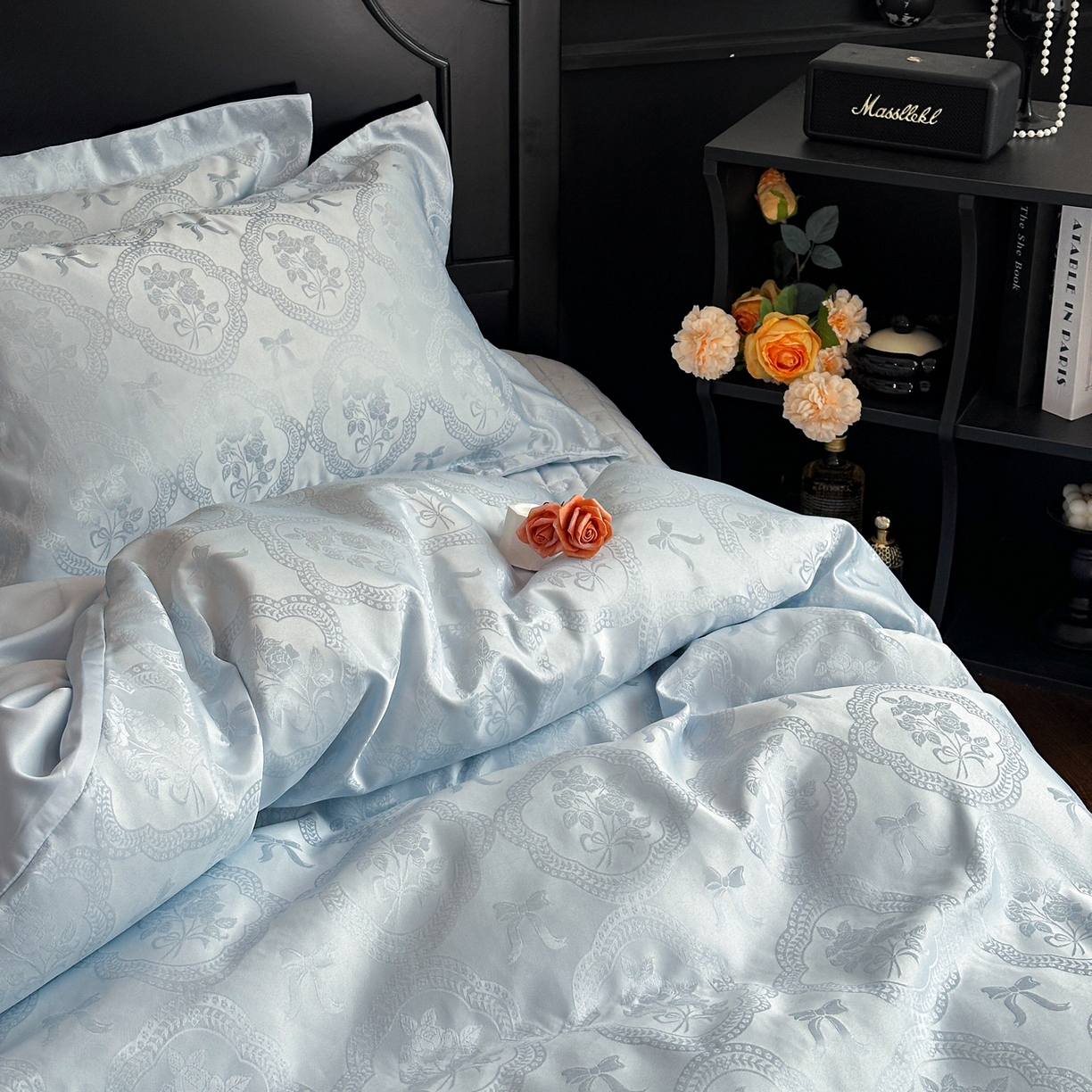 91家纺网 家纺一手货源 找家纺 提花大世界 2026新款简奢被套款水洗真丝天丝提花丝滑床单床盖四件套 巴黎邂逅-海盐蓝
