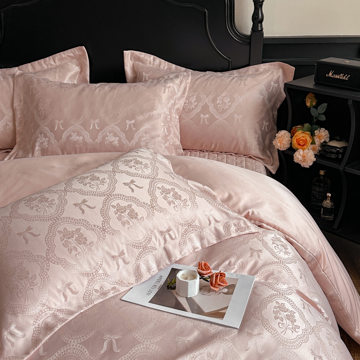 91家纺网 家纺一手货源 找家纺 提花大世界 2026新款简奢被套款水洗真丝天丝提花丝滑床单床盖四件套 巴黎邂逅-胭脂玉