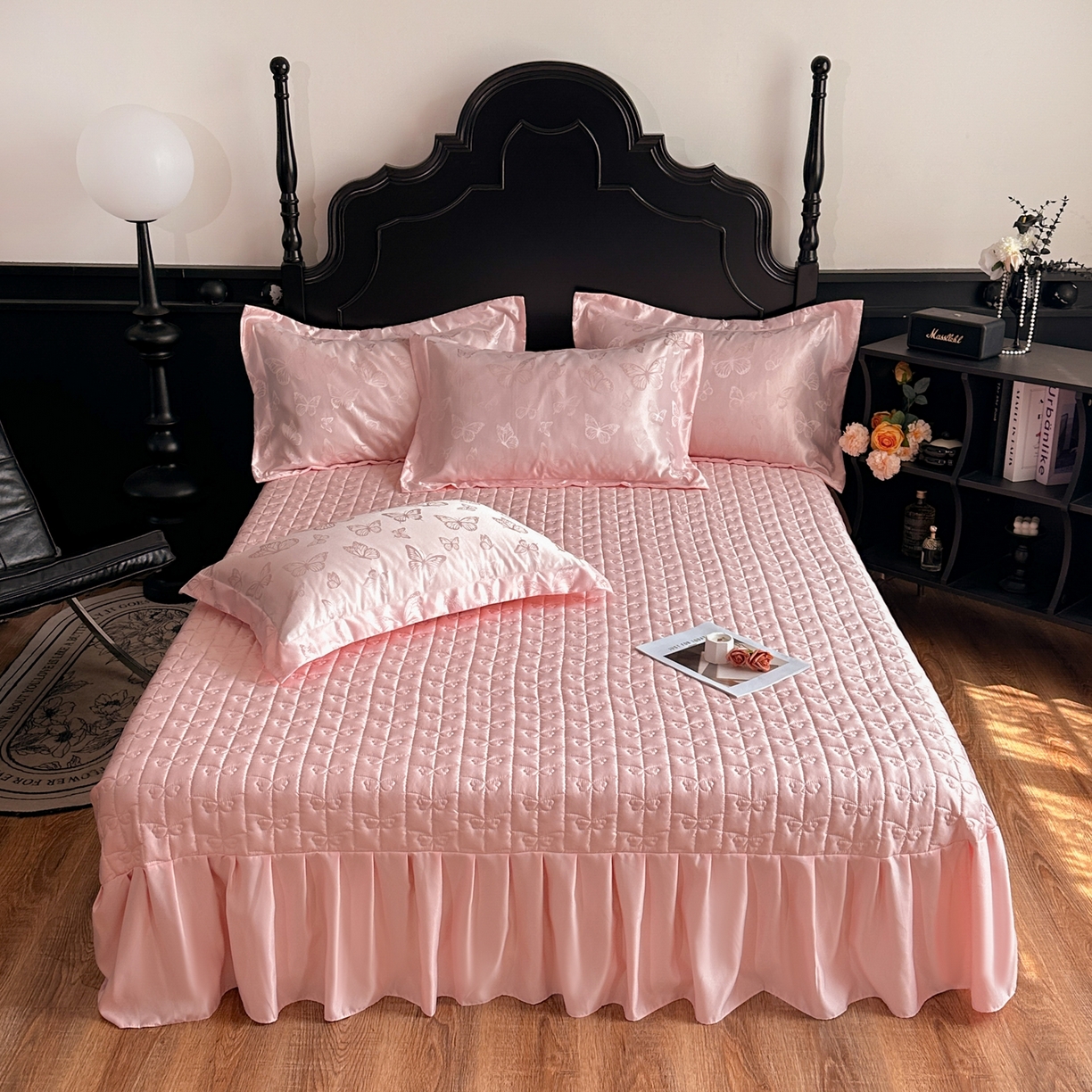 91家纺网 家纺一手货源 找家纺 提花大世界 2026新款简奢被套款水洗真丝天丝提花丝滑床单床盖四件套 谍影流光-慕斯粉