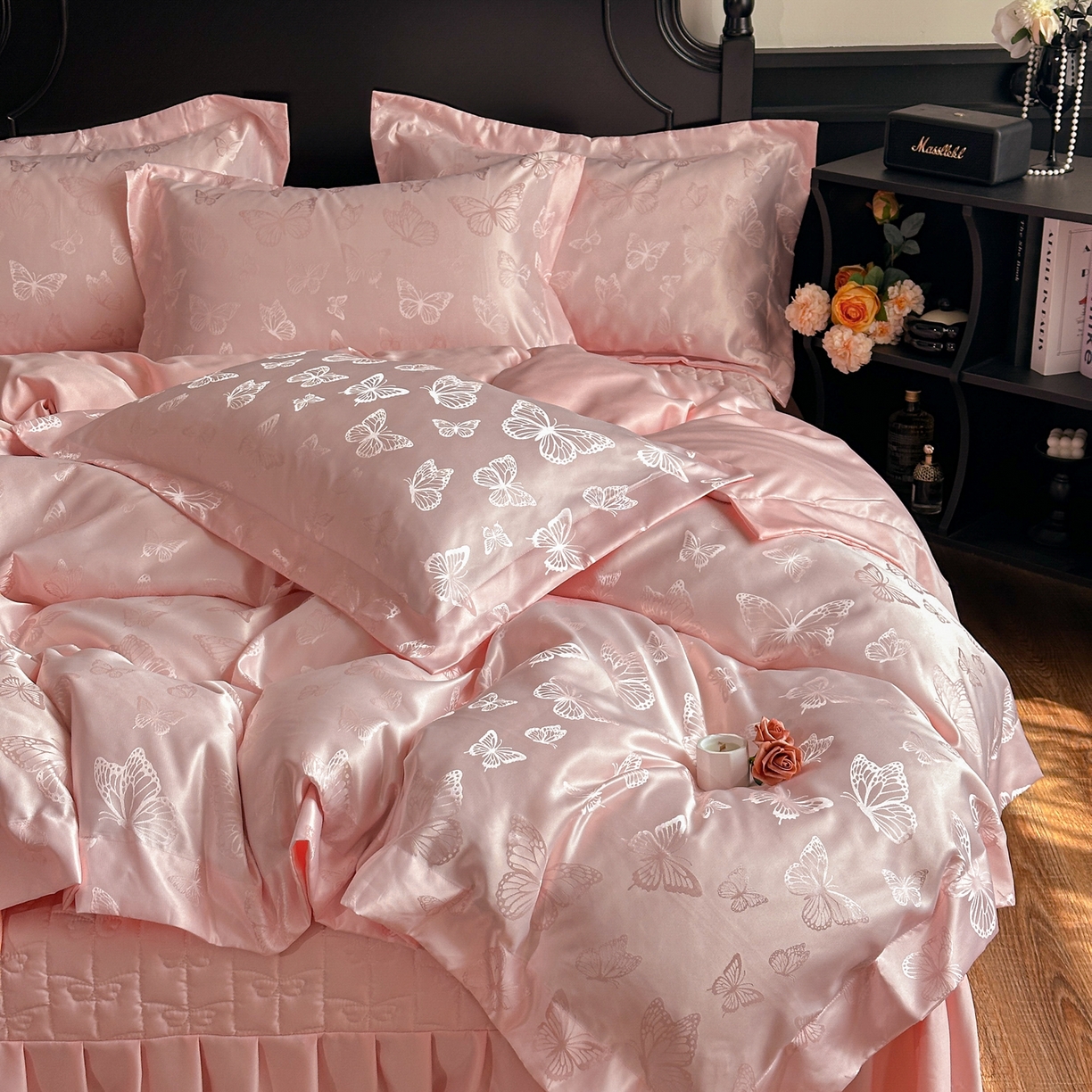 91家纺网 家纺一手货源 找家纺 提花大世界 2026新款简奢被套款水洗真丝天丝提花丝滑床单床盖四件套 谍影流光-慕斯粉