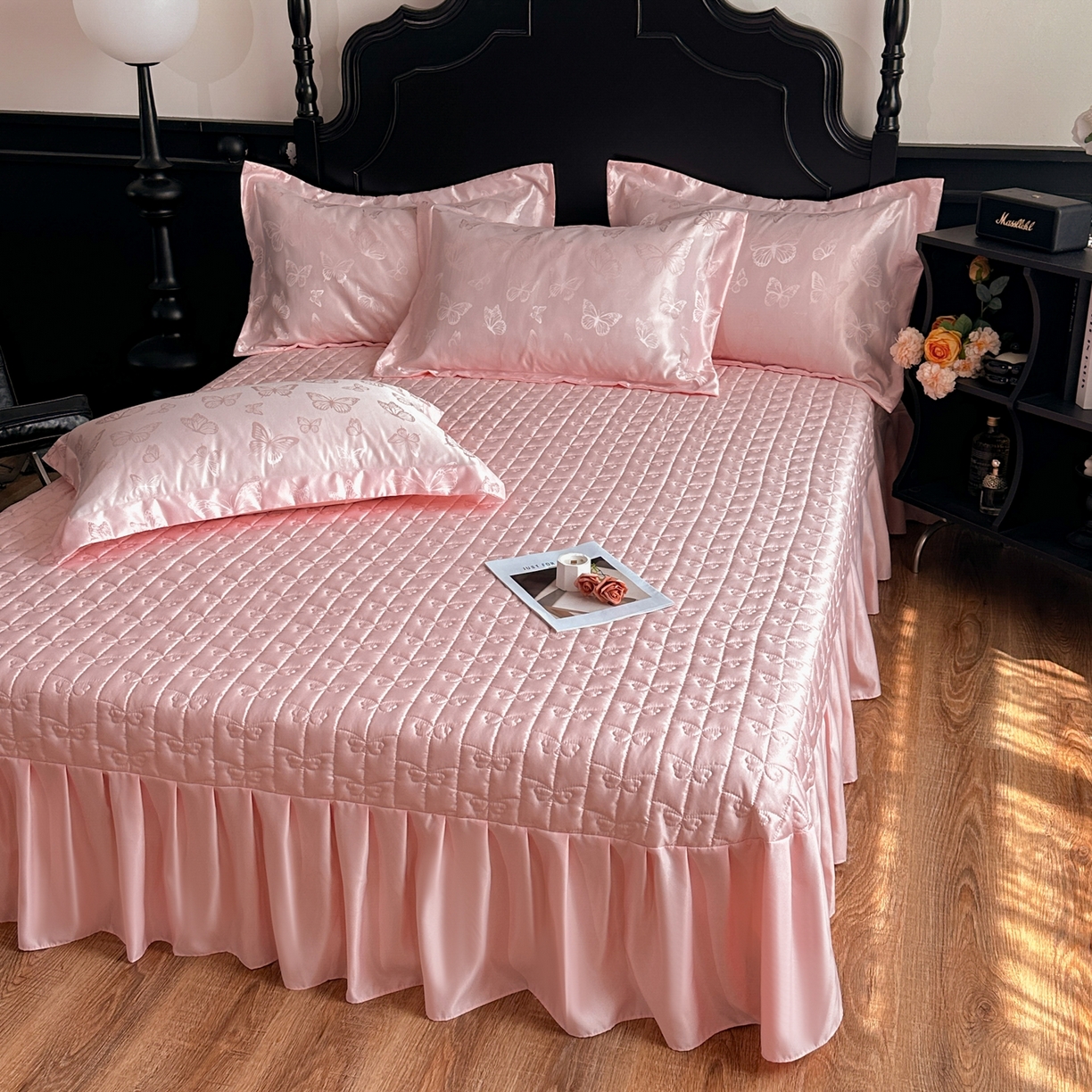 91家纺网 家纺一手货源 找家纺 提花大世界 2026新款简奢被套款水洗真丝天丝提花丝滑床单床盖四件套 谍影流光-慕斯粉