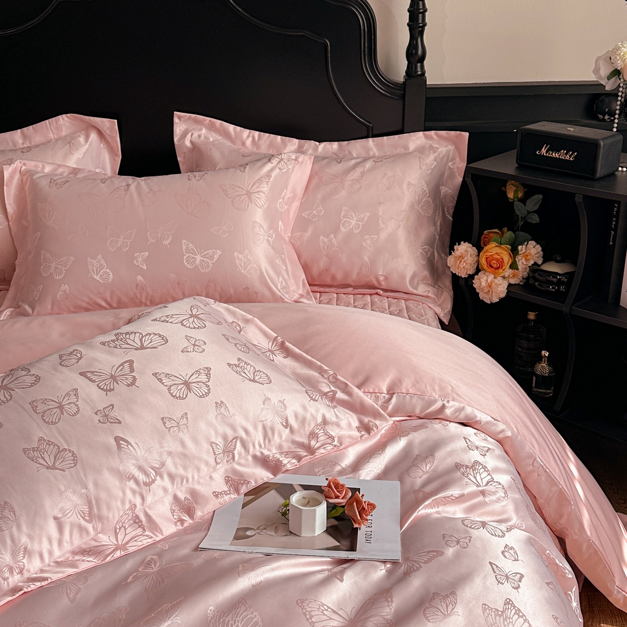 91家纺网 家纺一手货源 找家纺 提花大世界 2026新款简奢被套款水洗真丝天丝提花丝滑床单床盖四件套 谍影流光-慕斯粉