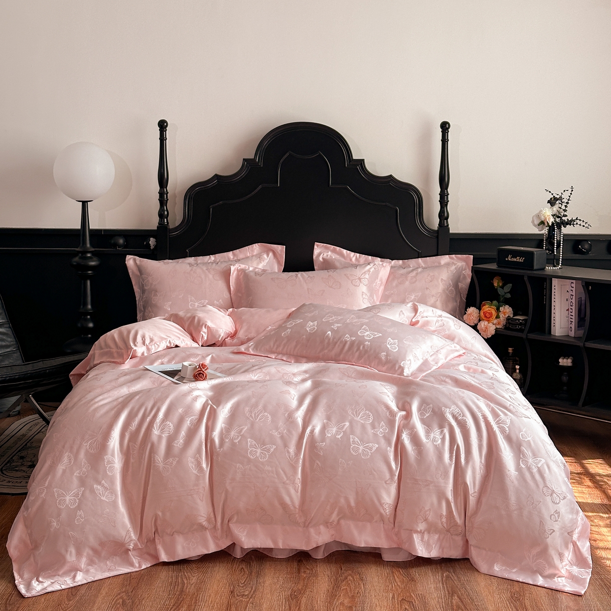 91家纺网 家纺一手货源 找家纺 提花大世界 2026新款简奢被套款水洗真丝天丝提花丝滑床单床盖四件套 谍影流光-慕斯粉