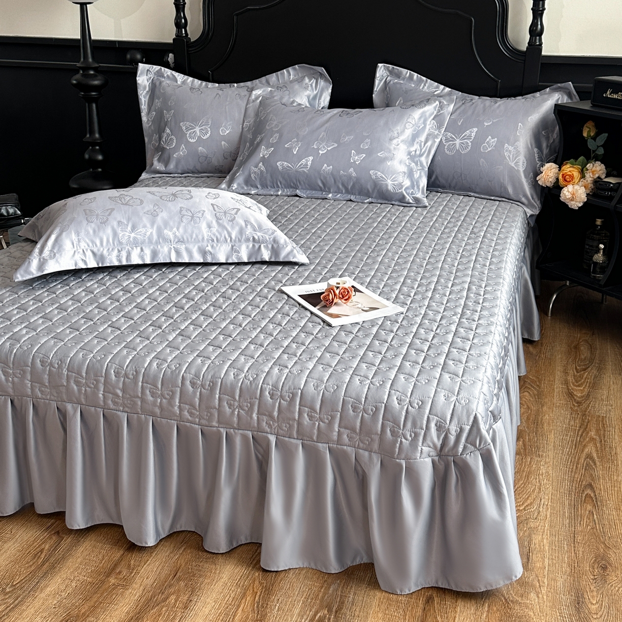 91家纺网 家纺一手货源 找家纺 提花大世界 2026新款简奢被套款水洗真丝天丝提花丝滑床单床盖四件套 谍影流光-大象灰