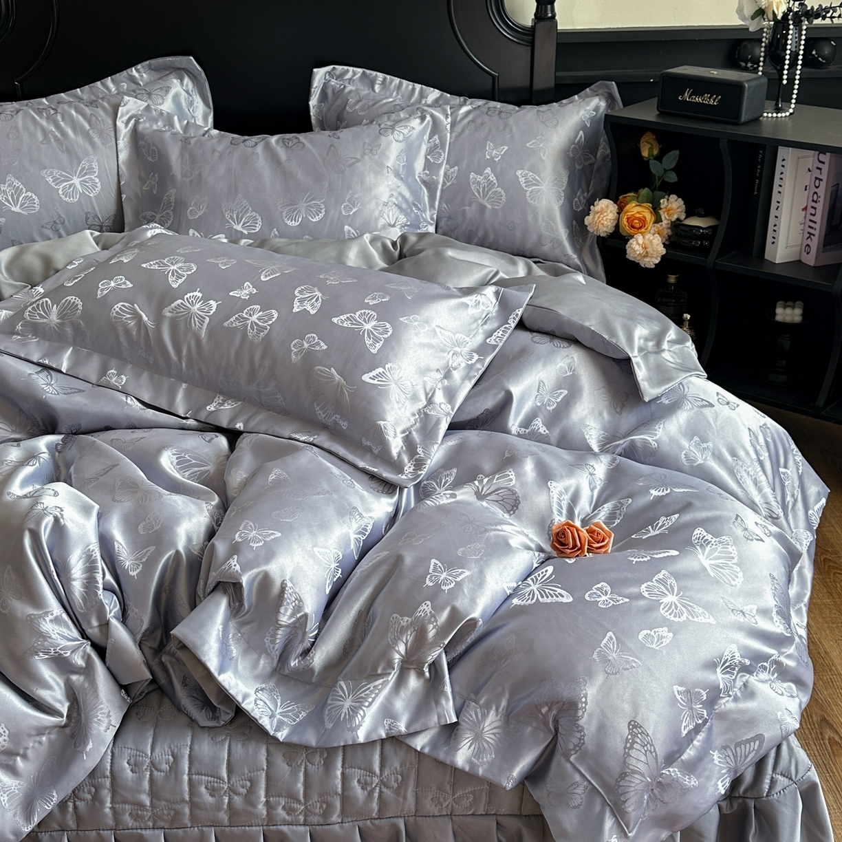 91家纺网 家纺一手货源 找家纺 提花大世界 2026新款简奢被套款水洗真丝天丝提花丝滑床单床盖四件套 谍影流光-大象灰