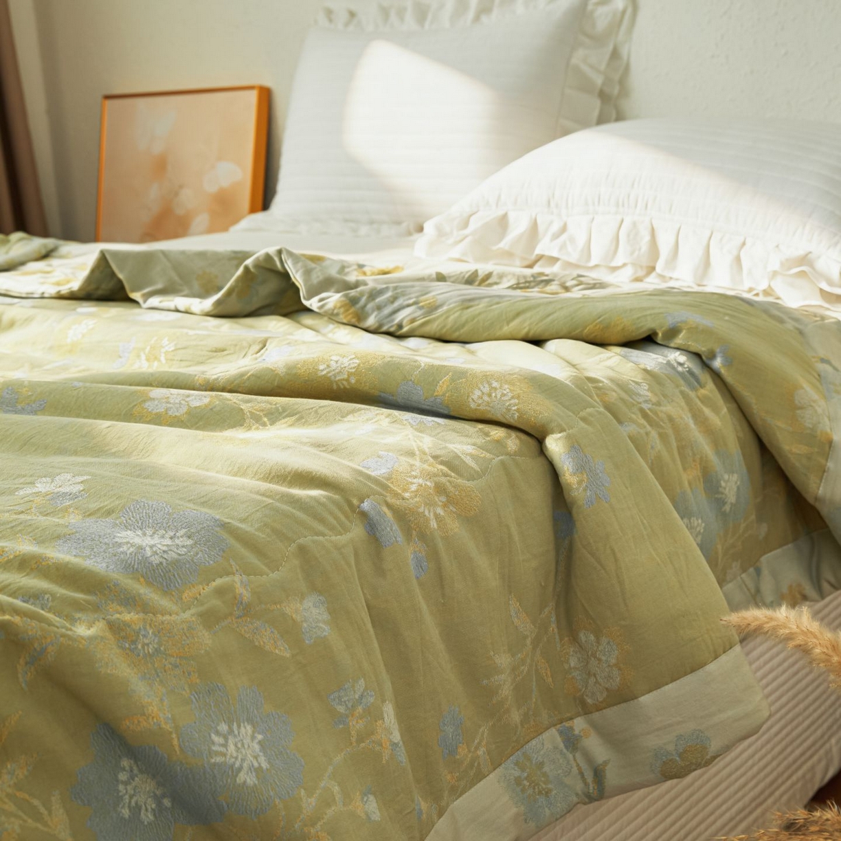 91家纺网 家纺一手货源 找家纺 睡棉坊 2026新款全棉色织提花双层纱夏被全棉夏凉被里外全棉天然棉花被 锦上添花-提夫尼蓝