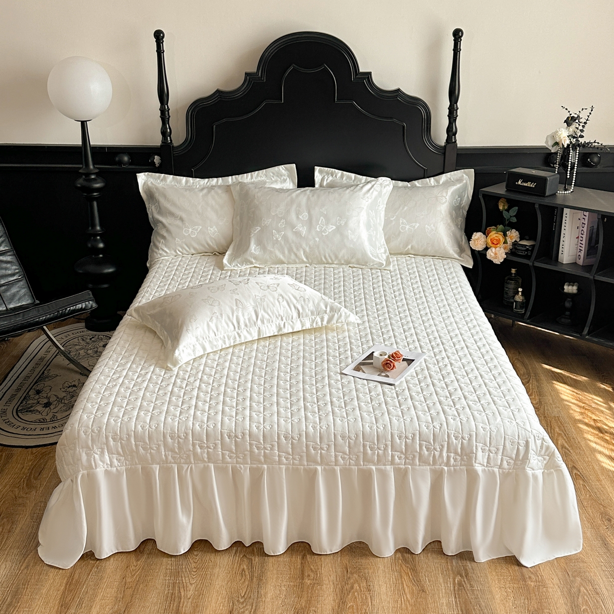 91家纺网 家纺一手货源 找家纺 提花大世界 2026新款简奢被套款水洗真丝天丝提花丝滑床单床盖四件套 谍影流光-月光白