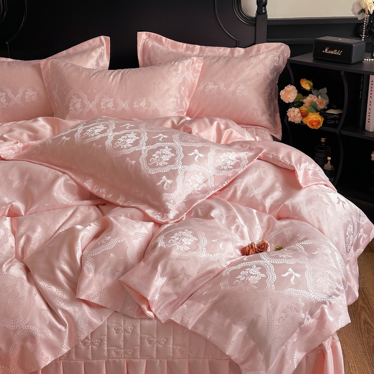91家纺网 家纺一手货源 找家纺 提花大世界 2026新款简奢被套款水洗真丝天丝提花丝滑床单床盖四件套 巴黎邂逅-甜心粉