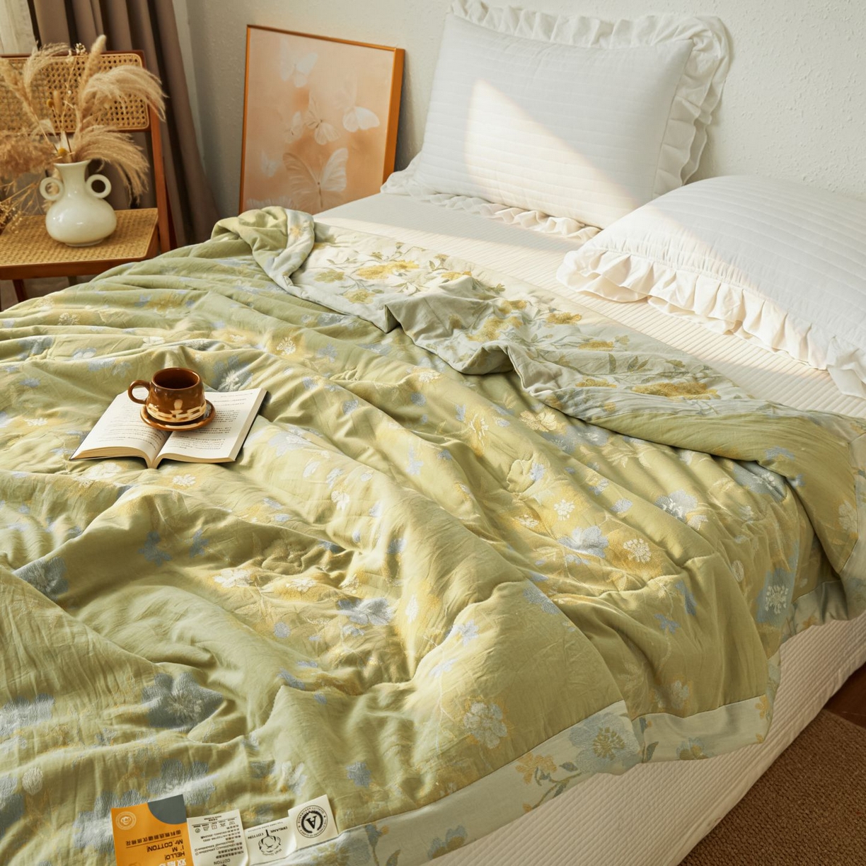 91家纺网 家纺一手货源 找家纺 睡棉坊 2026新款全棉色织提花双层纱夏被全棉夏凉被里外全棉天然棉花被 锦上添花-提夫尼蓝