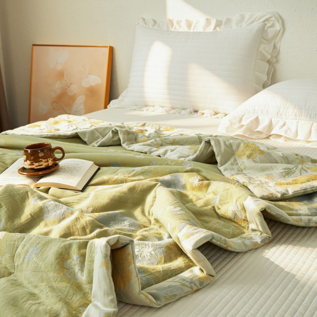 91家纺网 家纺一手货源 找家纺 睡棉坊 2026新款全棉色织提花双层纱夏被全棉夏凉被里外全棉天然棉花被 锦上添花-提夫尼蓝