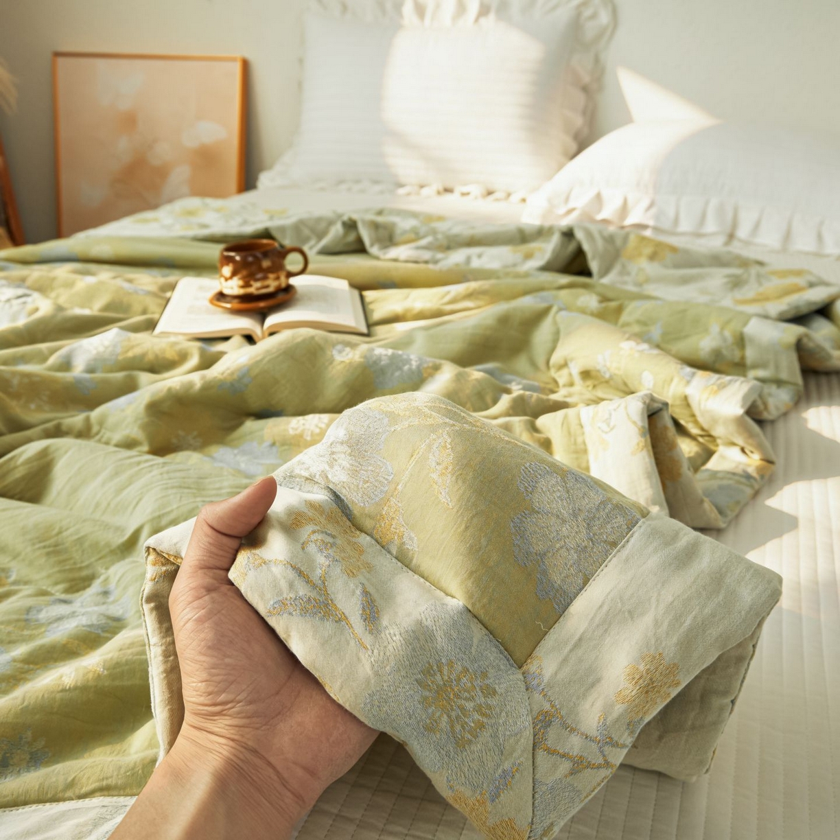 91家纺网 家纺一手货源 找家纺 睡棉坊 2026新款全棉色织提花双层纱夏被全棉夏凉被里外全棉天然棉花被 锦上添花-提夫尼蓝