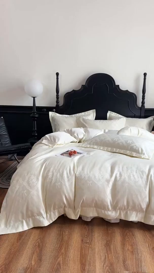 91家纺网 家纺一手货源 找家纺 提花大世界 2026新款简奢被套款水洗真丝天丝提花丝滑床单床盖四件套 巴黎邂逅-玉瓷白