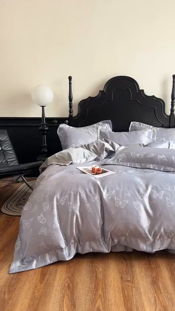 91家纺网 家纺一手货源 找家纺 提花大世界 2026新款简奢被套款水洗真丝天丝提花丝滑床单床盖四件套 谍影流光-大象灰