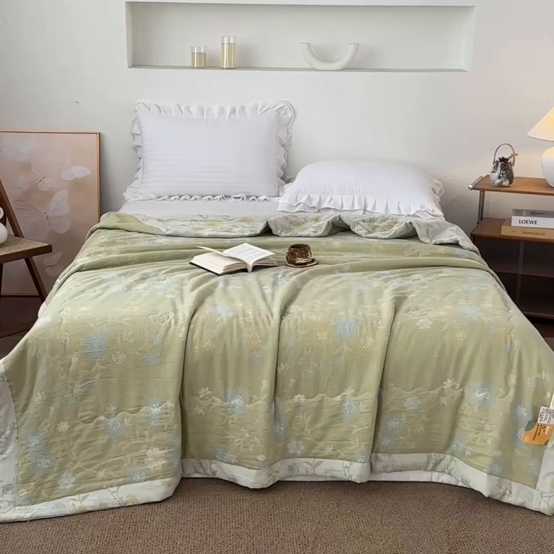91家纺网 家纺一手货源 找家纺 睡棉坊 2026新款全棉色织提花双层纱夏被全棉夏凉被里外全棉天然棉花被 锦上添花-提夫尼蓝