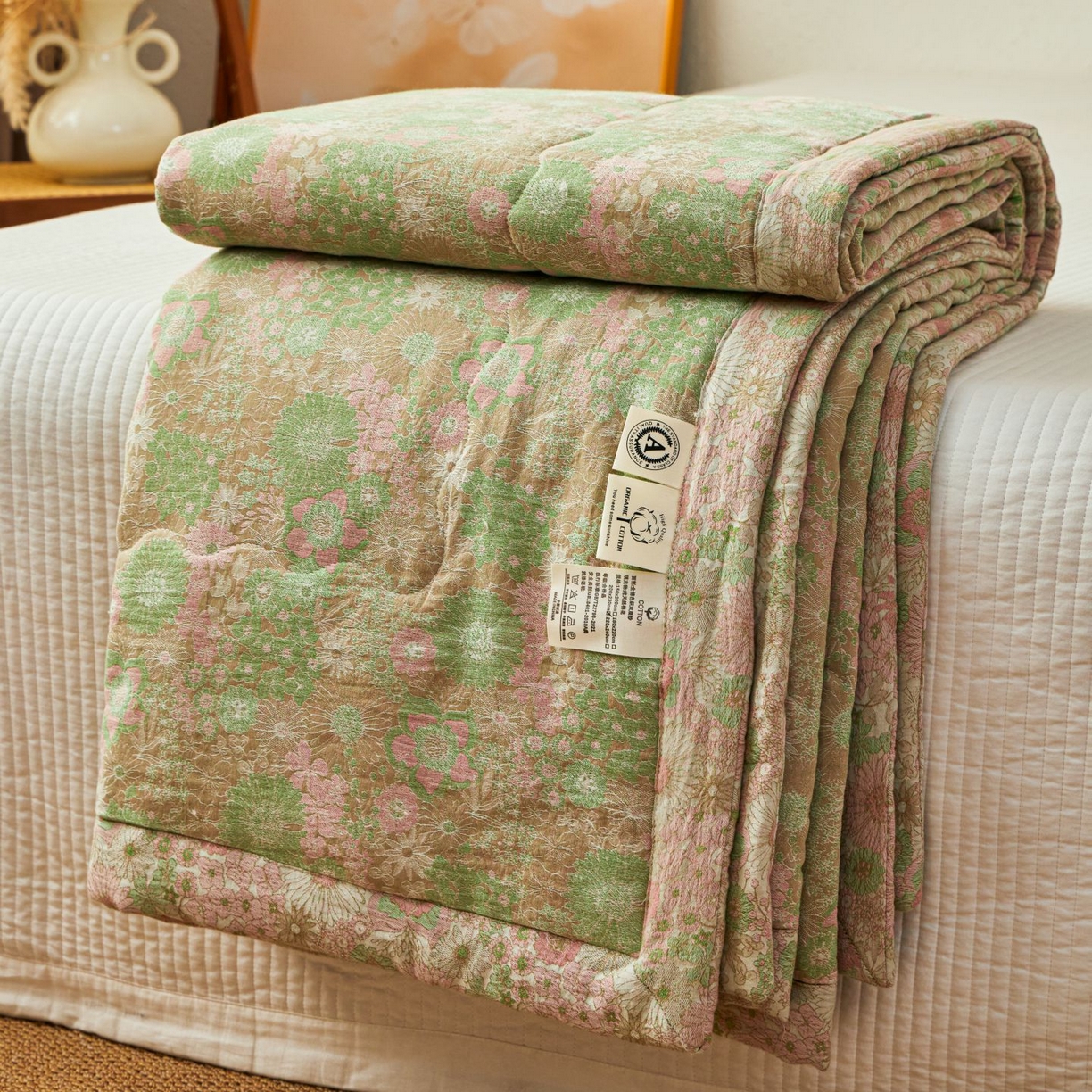 睡棉坊 2026新款全棉色织提花双层纱夏被全棉夏凉被里外全棉天然棉花被 山野来信-蜜粉绿
