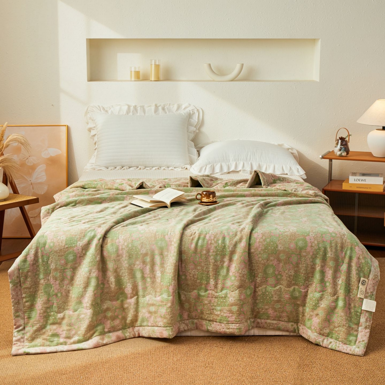 91家纺网 家纺一手货源 找家纺 睡棉坊 2026新款全棉色织提花双层纱夏被全棉夏凉被里外全棉天然棉花被 山野来信-蜜粉绿