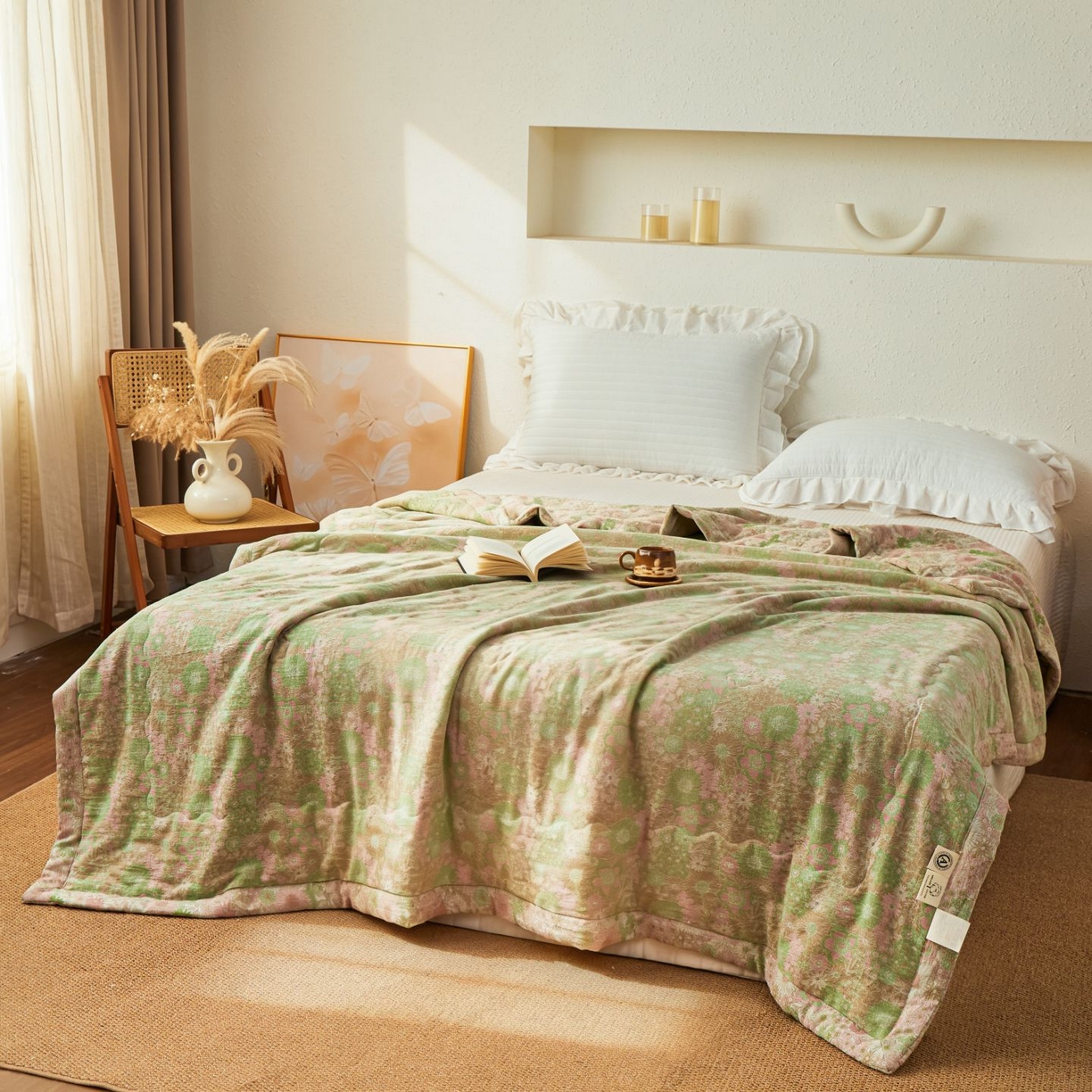91家纺网 家纺一手货源 找家纺 睡棉坊 2026新款全棉色织提花双层纱夏被全棉夏凉被里外全棉天然棉花被 山野来信-蜜粉绿